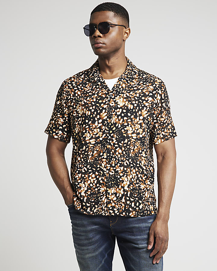 Black regular fit leopard print revere shirt