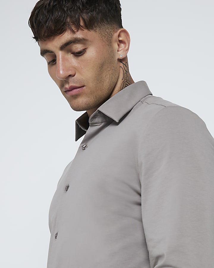 Grey slim fit stretch long sleeve shirt