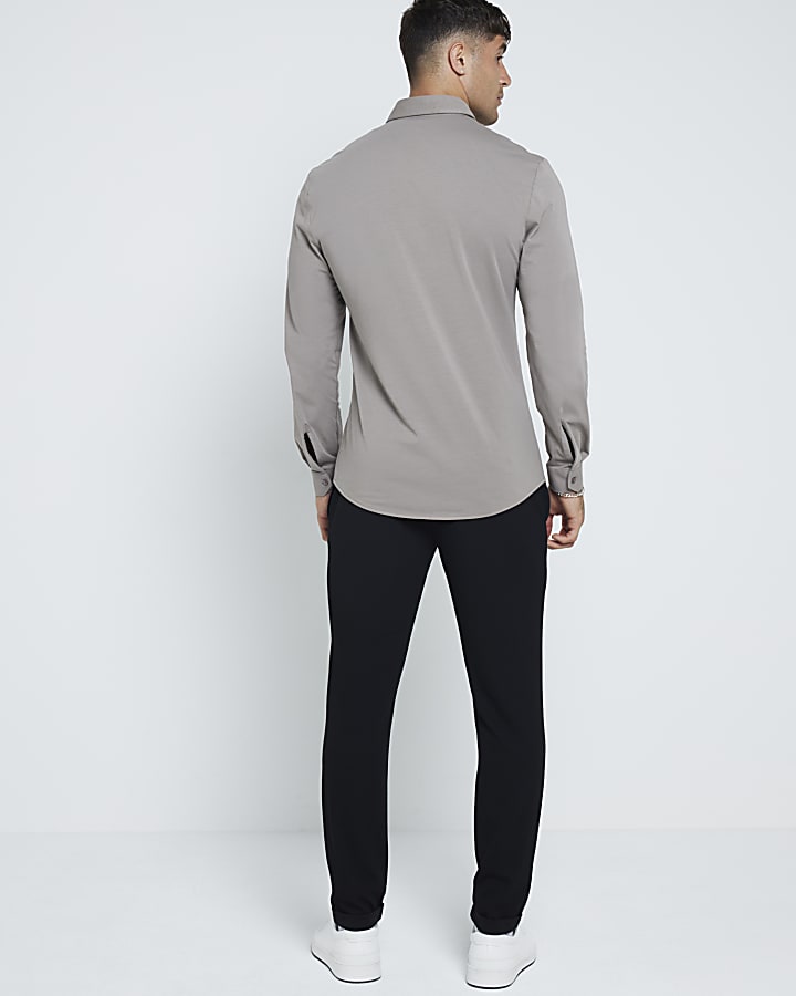 Grey slim fit stretch long sleeve shirt