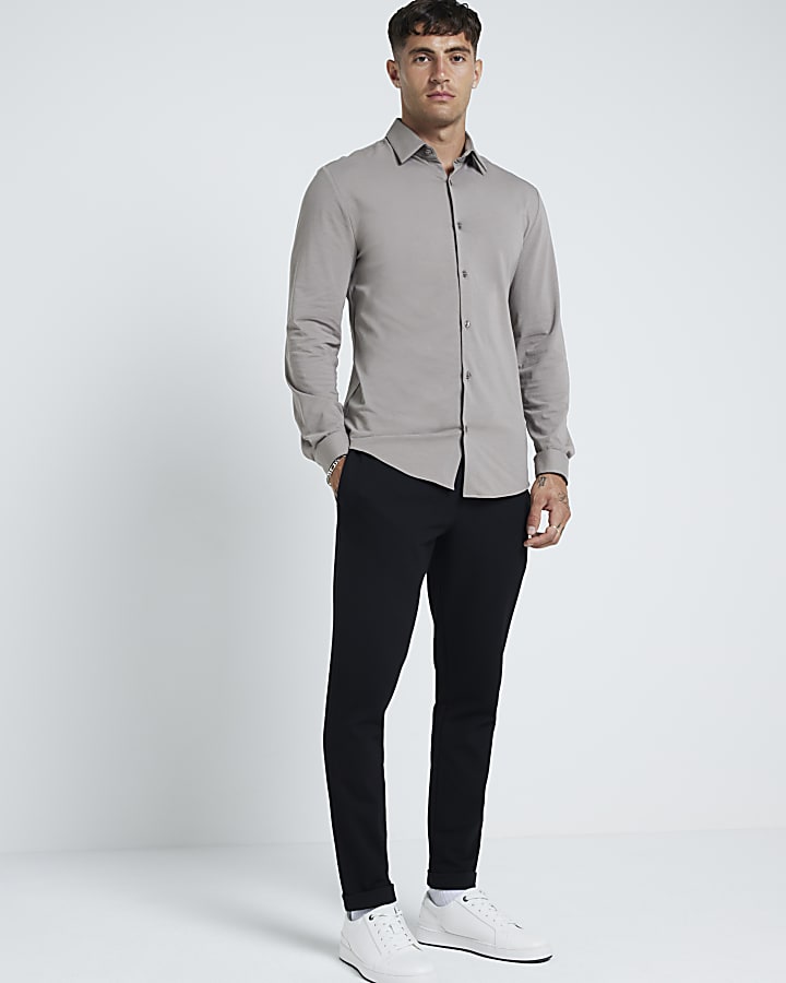 Grey slim fit stretch long sleeve shirt