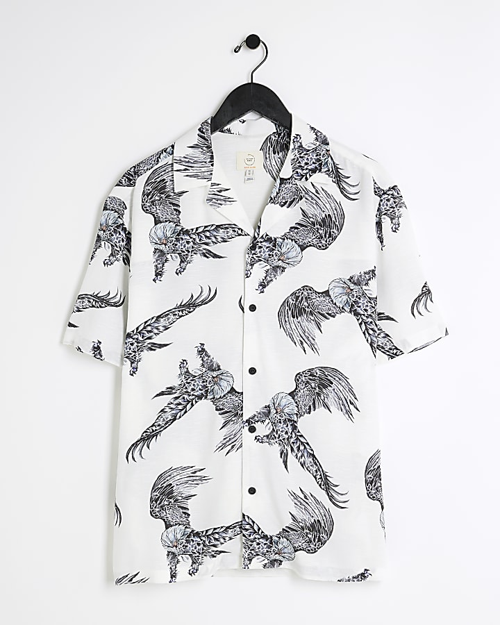 Beige Regular Fit Eagle Graphic Revere Shirt