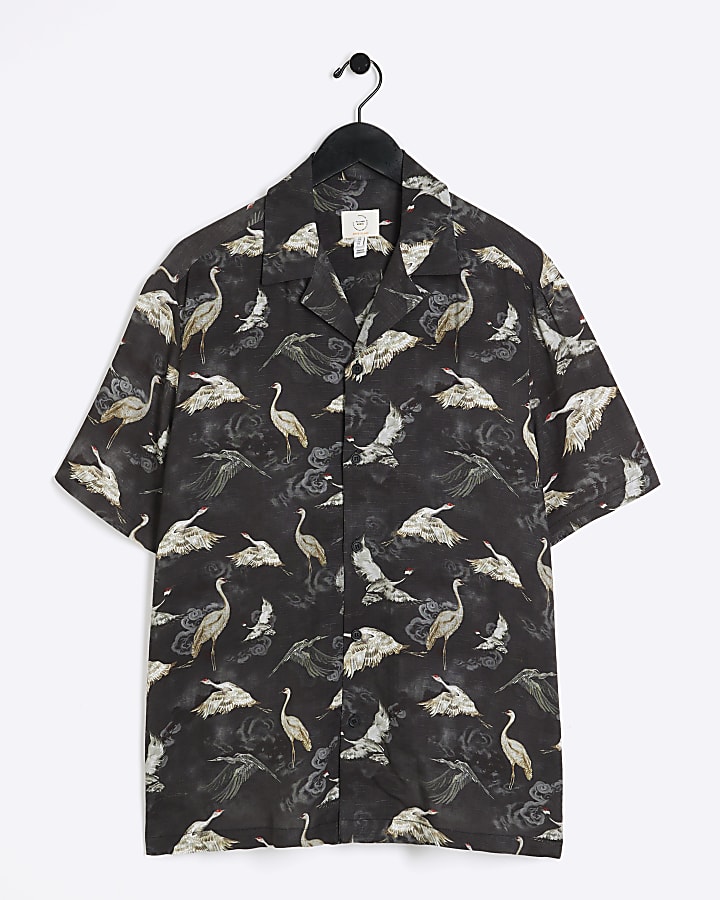 Black Regular Fit Crane Graphic Revere Shirt