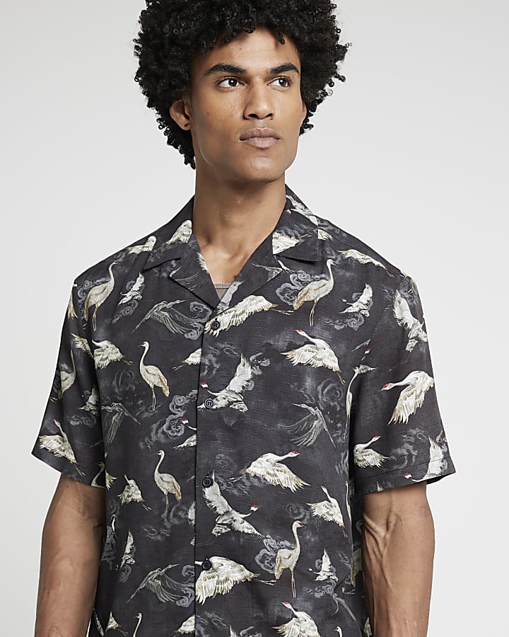 Black Regular Fit Crane Graphic Revere Shirt