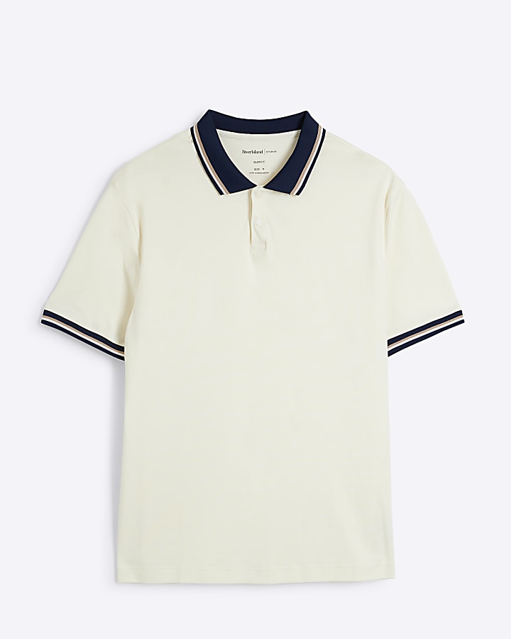 Beige slim fit taped short sleeve polo