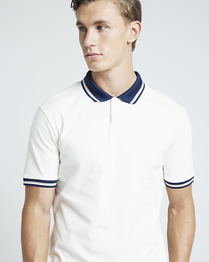 Beige slim fit taped short sleeve polo