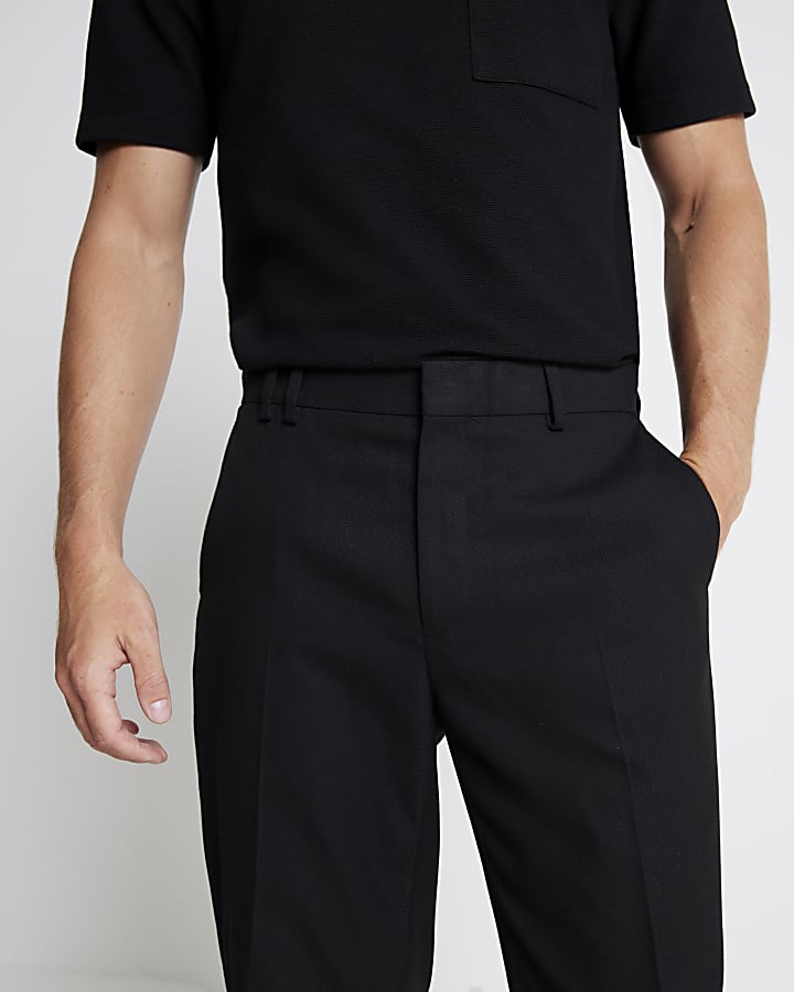 Black Textured Stretch Slim Fit Suit Trousers