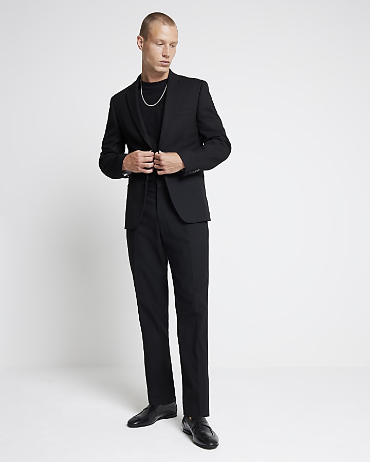 Black Textured Stretch Slim Fit Suit Trousers