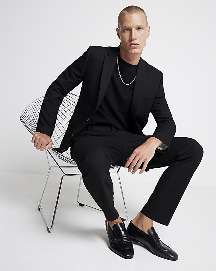 Black Textured Stretch Slim Fit Suit Jacket