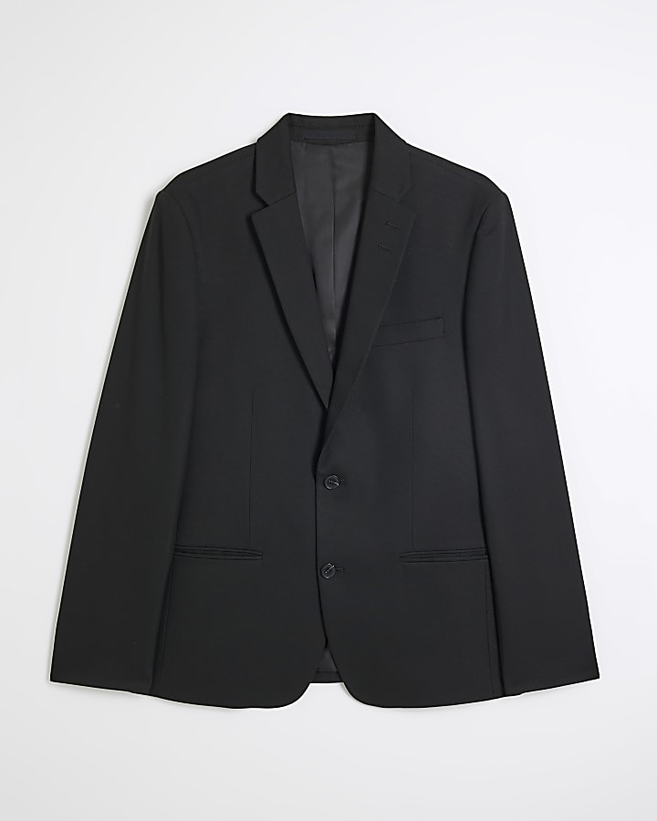 Black Textured Stretch Slim Fit Suit Jacket