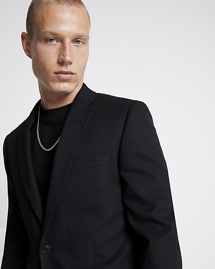 Black Textured Stretch Slim Fit Suit Jacket