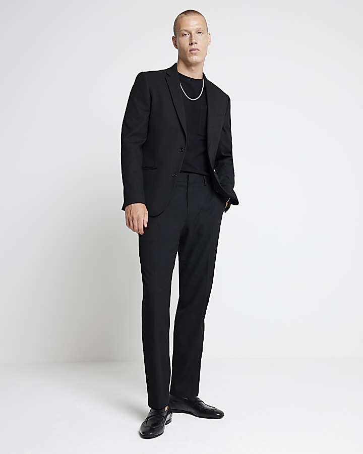 Black Textured Stretch Slim Fit Suit Jacket