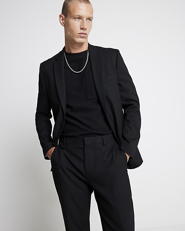 Black Textured Stretch Slim Fit Suit Jacket