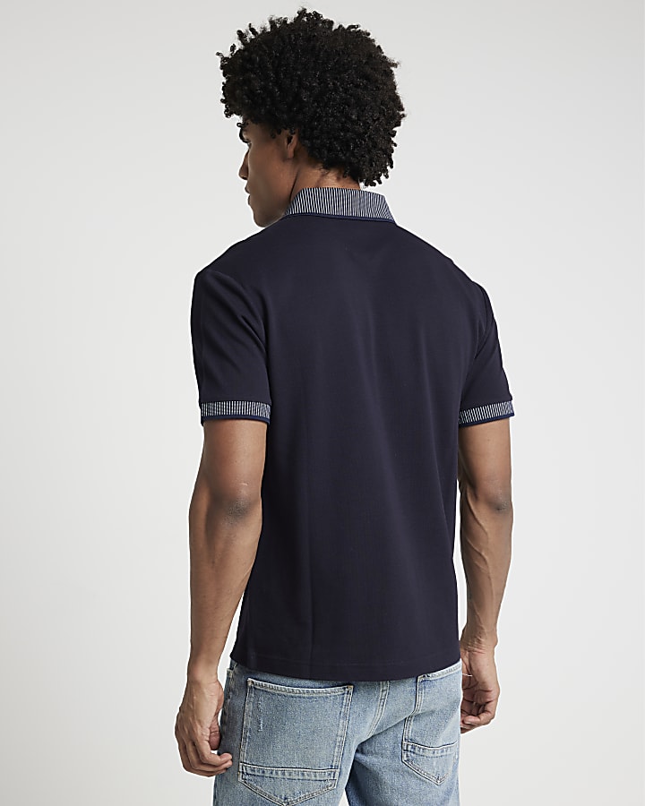 Navy slim fit contrast polo shirt