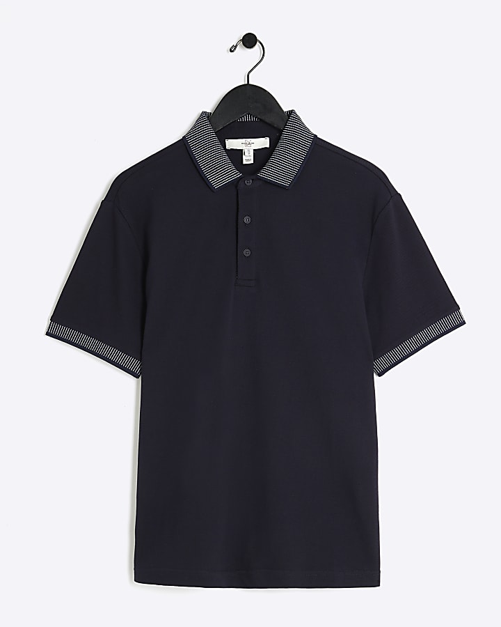 Navy slim fit contrast polo shirt