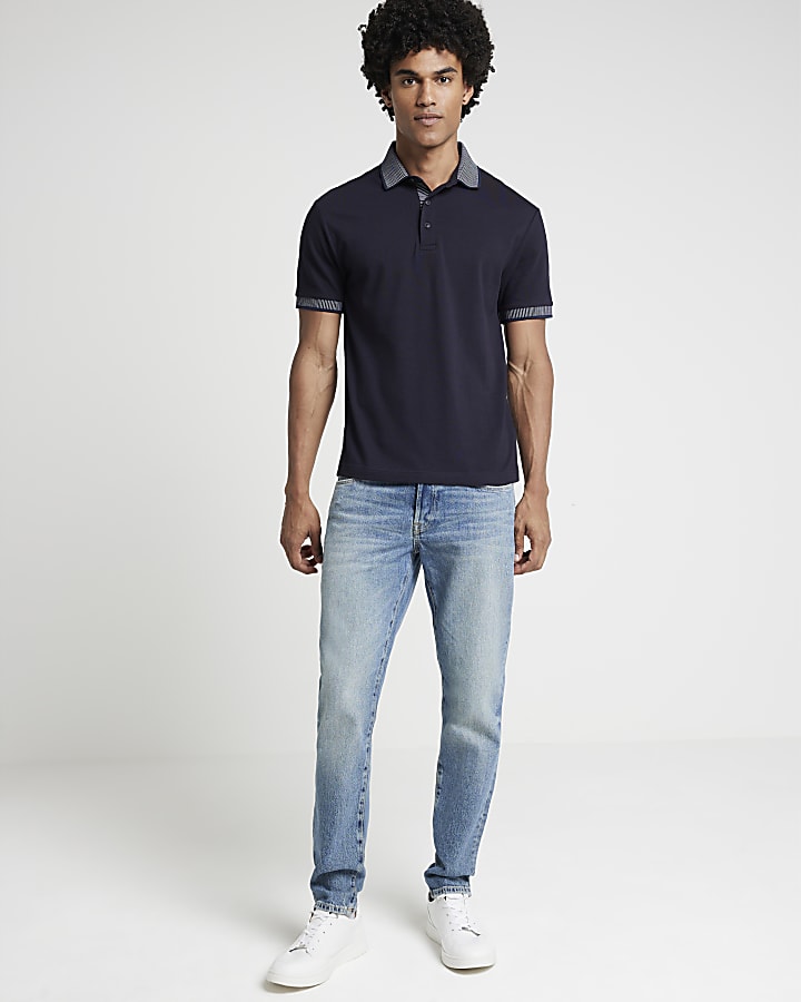 Navy slim fit contrast polo shirt