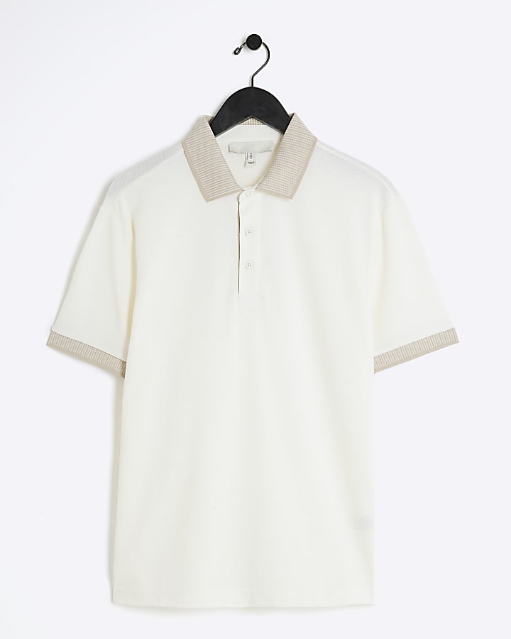 Ecru slim fit contrast polo shirt