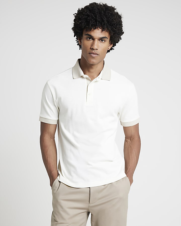 Ecru slim fit contrast polo shirt