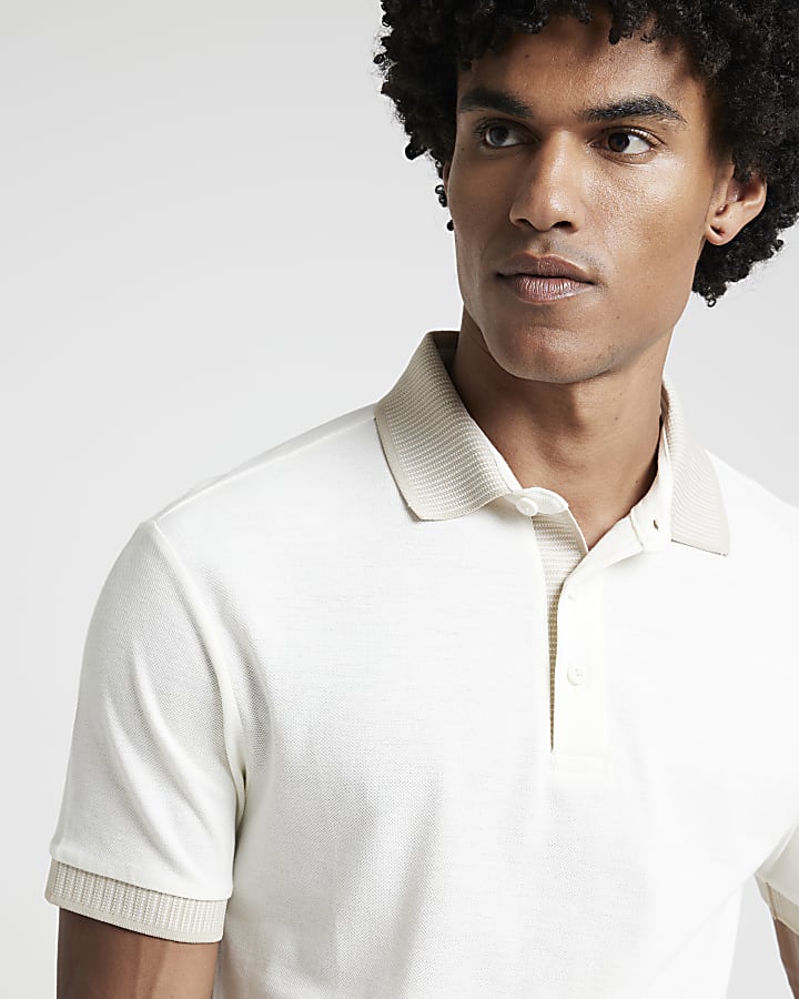 Ecru slim fit contrast polo shirt