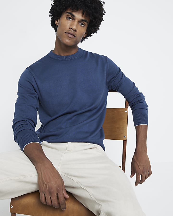 Blue slim fit fine knit crewneck jumper