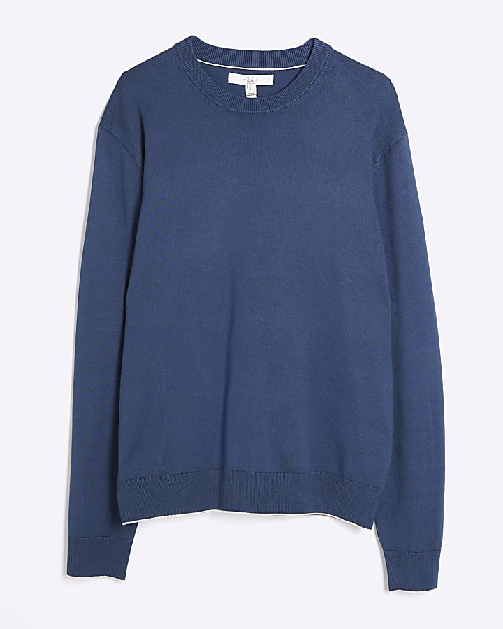 Blue slim fit fine knit crewneck jumper