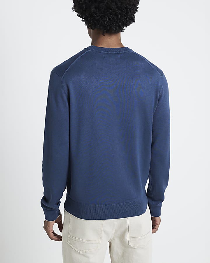 Blue slim fit fine knit crewneck jumper