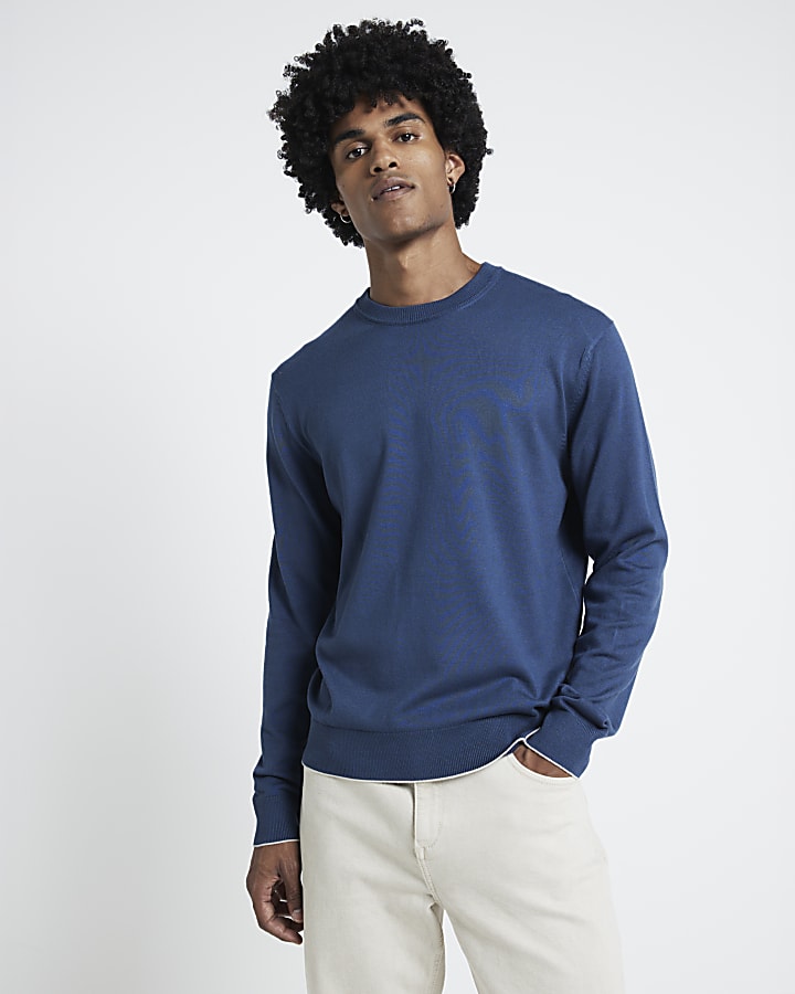 Blue slim fit fine knit crewneck jumper