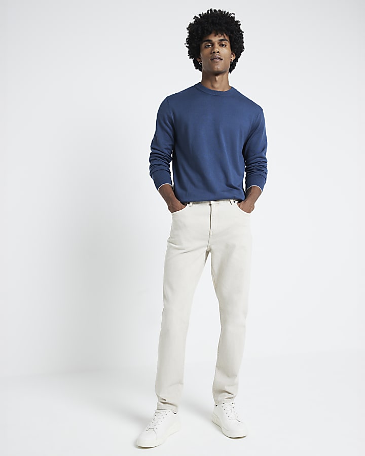 Blue slim fit fine knit crewneck jumper