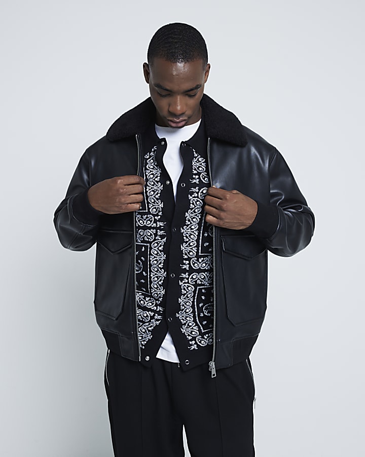 Black Faux Leather Bomber Jacket