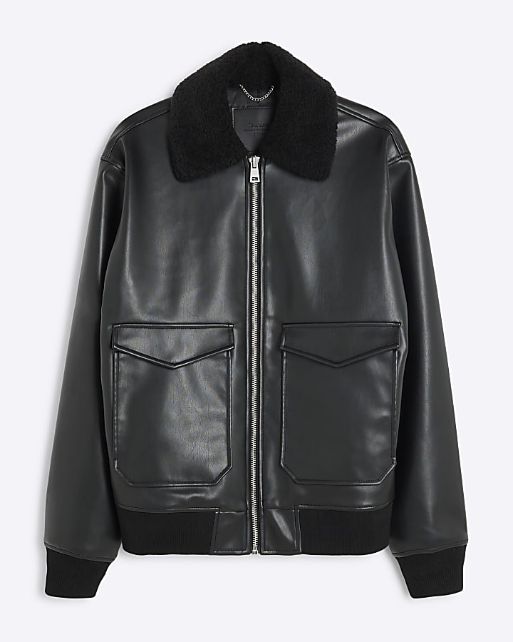 Black Faux Leather Bomber Jacket