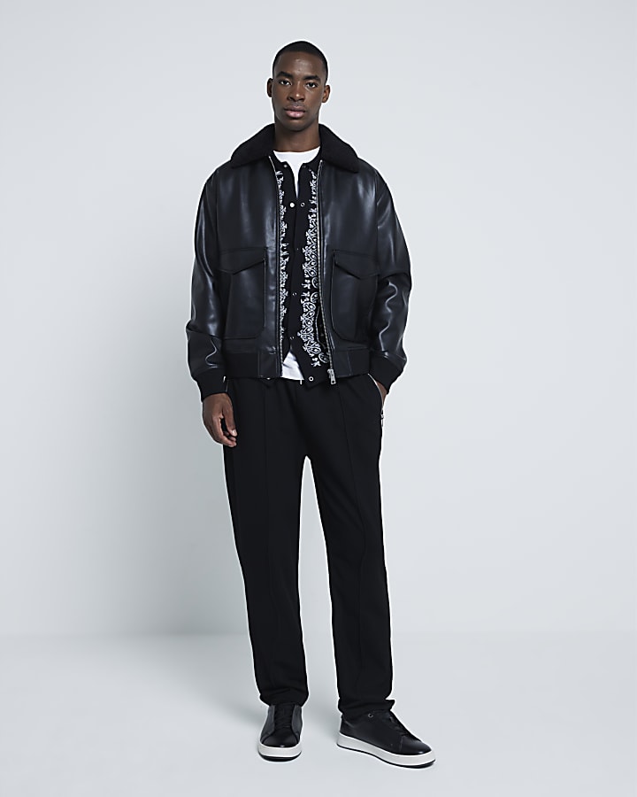 Black Faux Leather Bomber Jacket