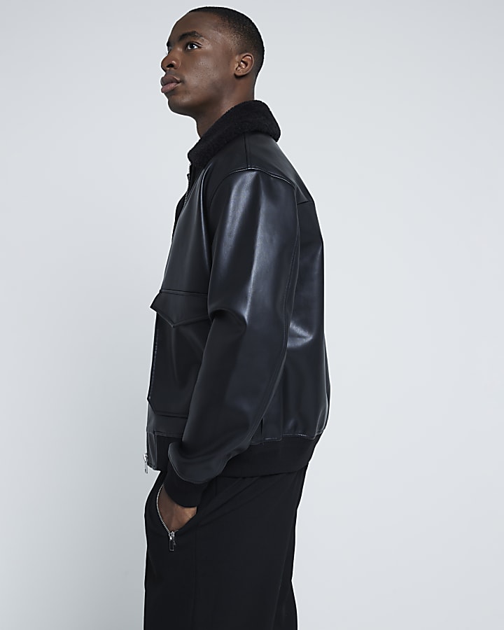 Black Faux Leather Bomber Jacket