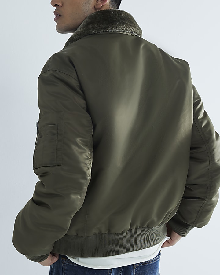Khaki Borg Collared Bomber Jacket