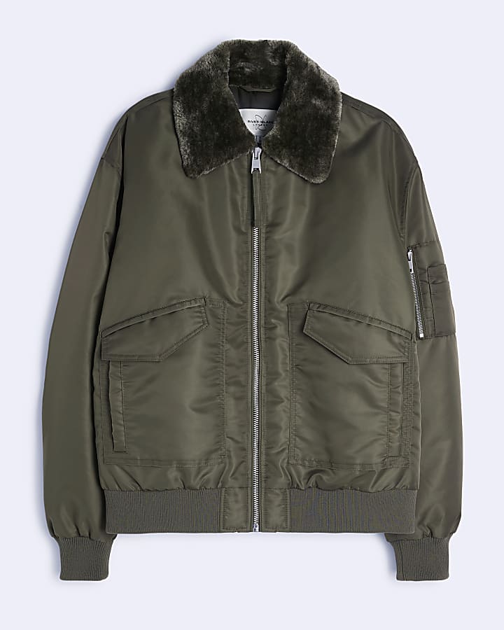 Khaki Borg Collared Bomber Jacket