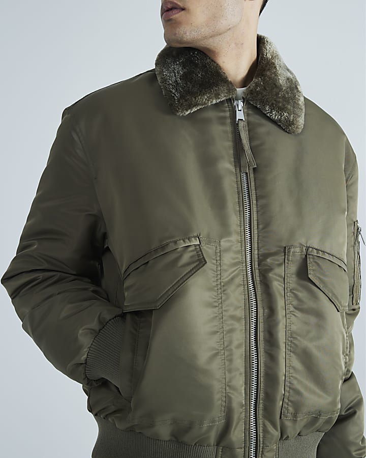 Khaki Borg Collared Bomber Jacket