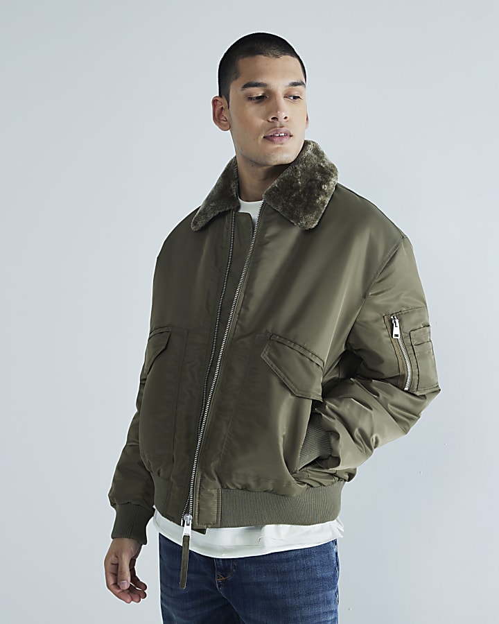 Khaki Borg Collared Bomber Jacket