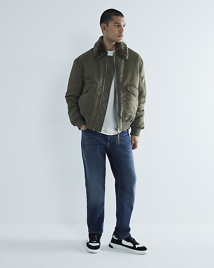 Khaki Borg Collared Bomber Jacket