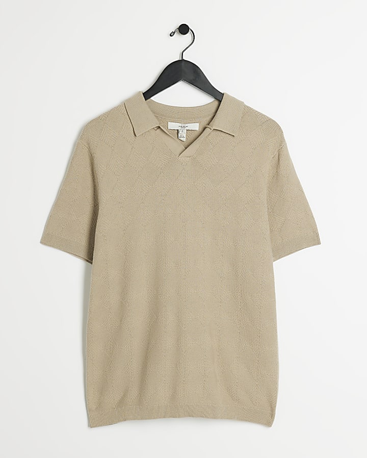 Stone slim fit knit open collar polo