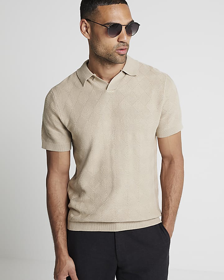 Stone slim fit knit open collar polo