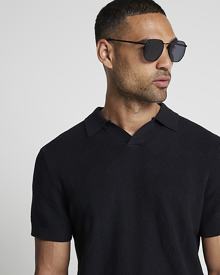 Black slim fit knit open collar polo