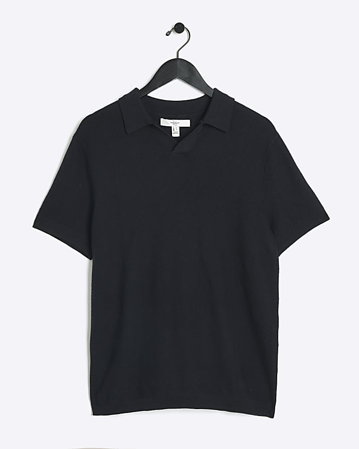 Black slim fit knit open collar polo