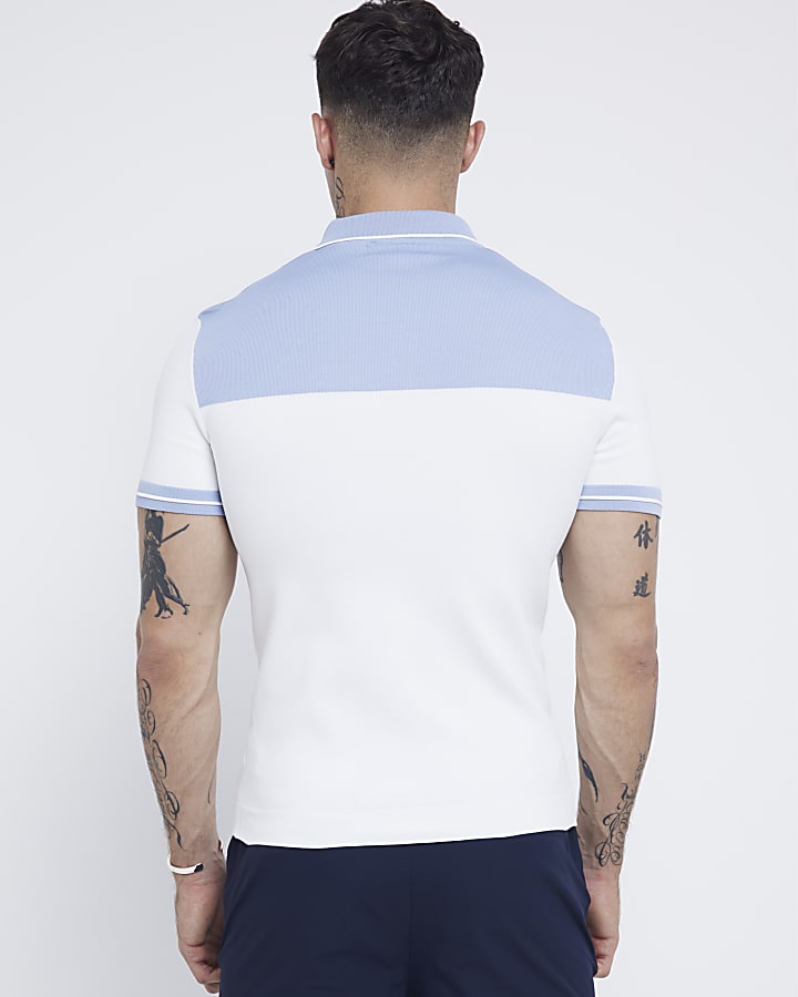 White muscle fit colour block knit polo shirt