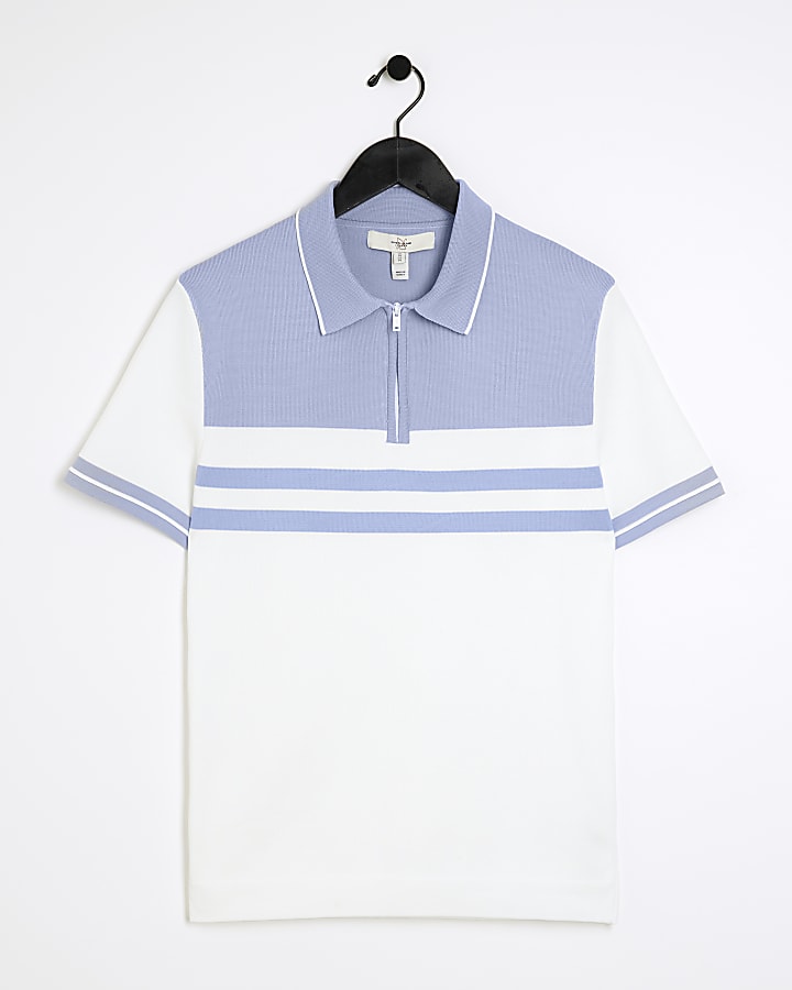 White muscle fit colour block knit polo shirt