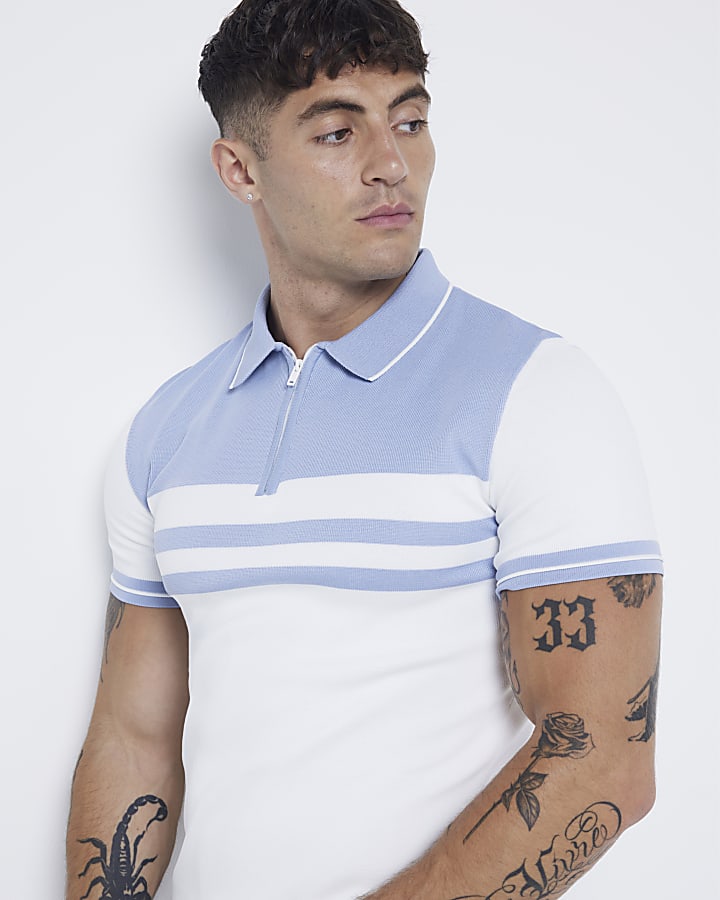 White muscle fit colour block knit polo shirt