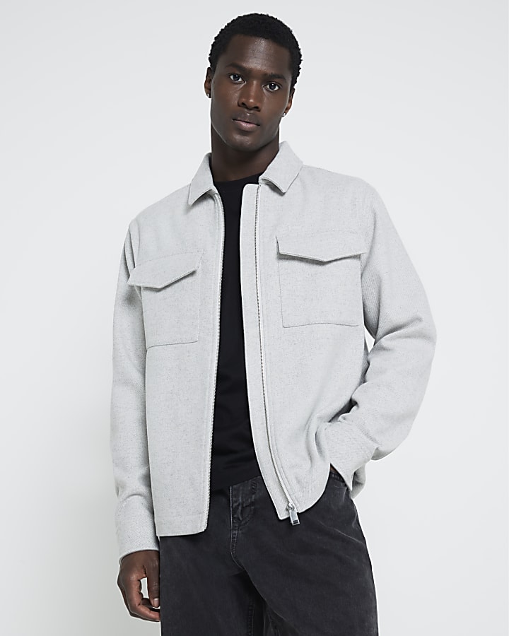 Grey Wool Blend Zipper Overshirt
