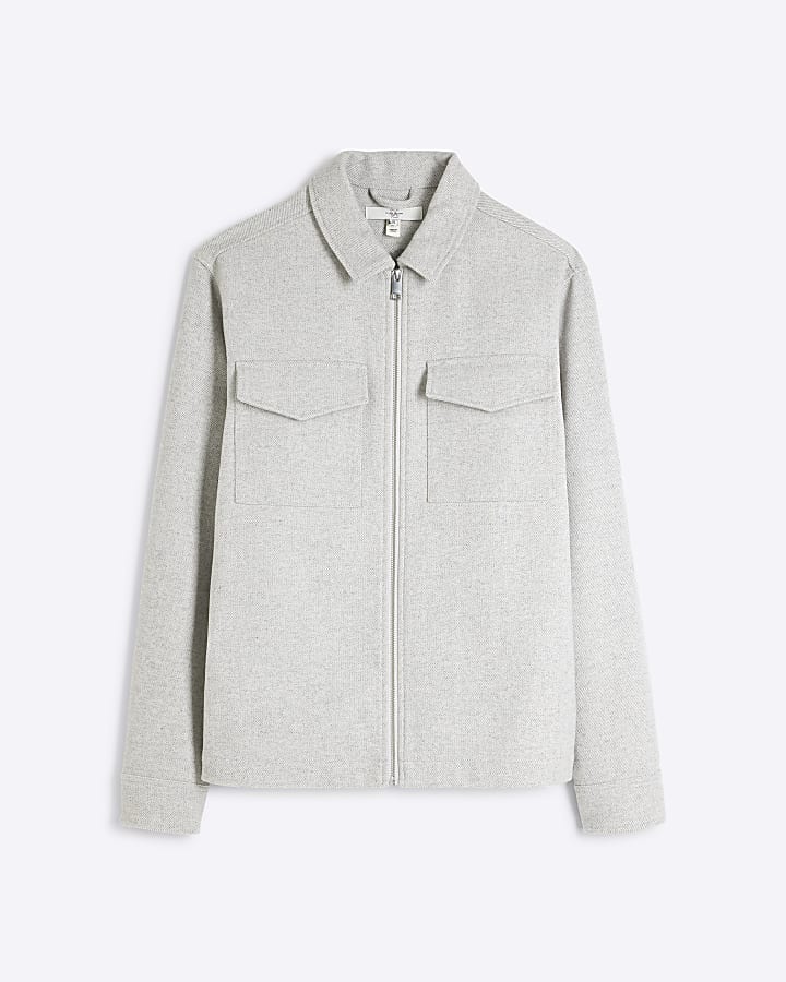 Grey Wool Blend Zipper Overshirt