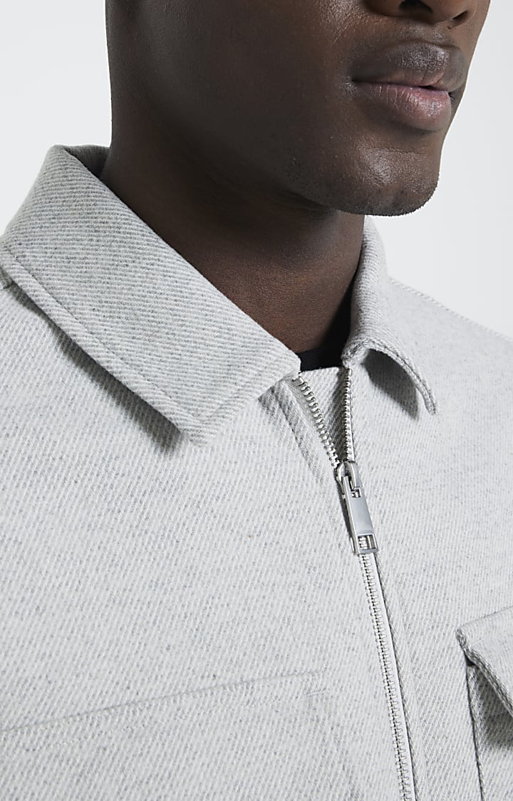 Grey Wool Blend Zipper Overshirt