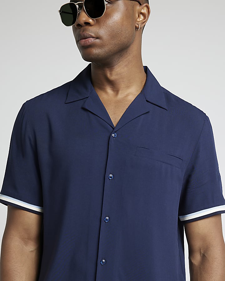 Navy regular fit taped revere shirt