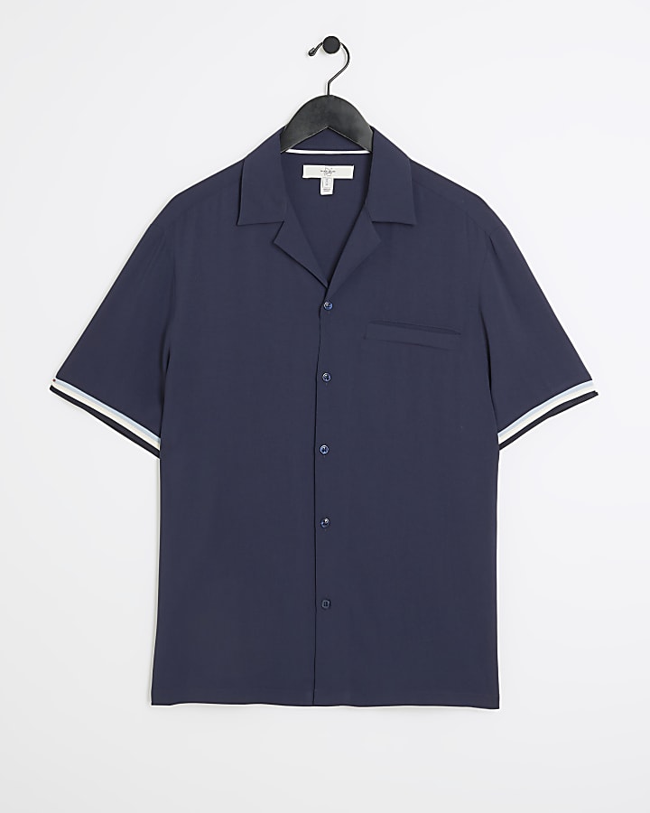 Navy regular fit taped revere shirt