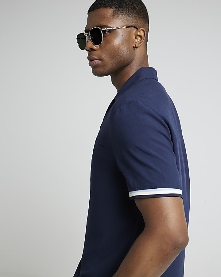 Navy regular fit taped revere shirt