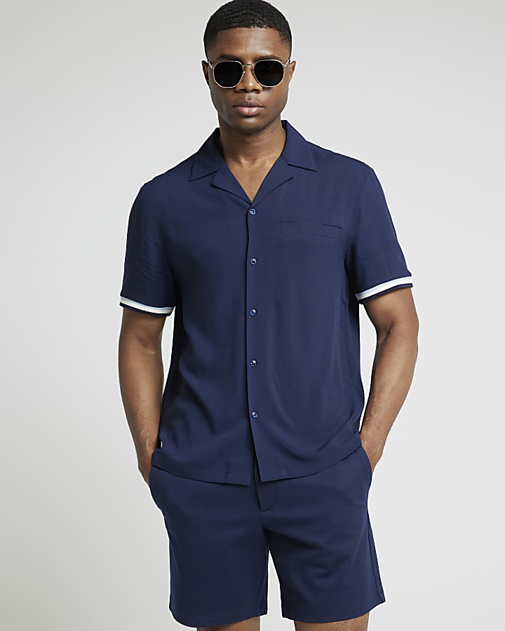 Navy regular fit taped revere shirt